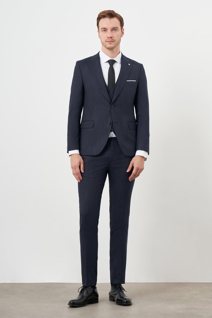Morven Erkek Lacivert Poliviskon Trend Yelekli Desenli Slim Fit Sivri Yaka Takım Elbise