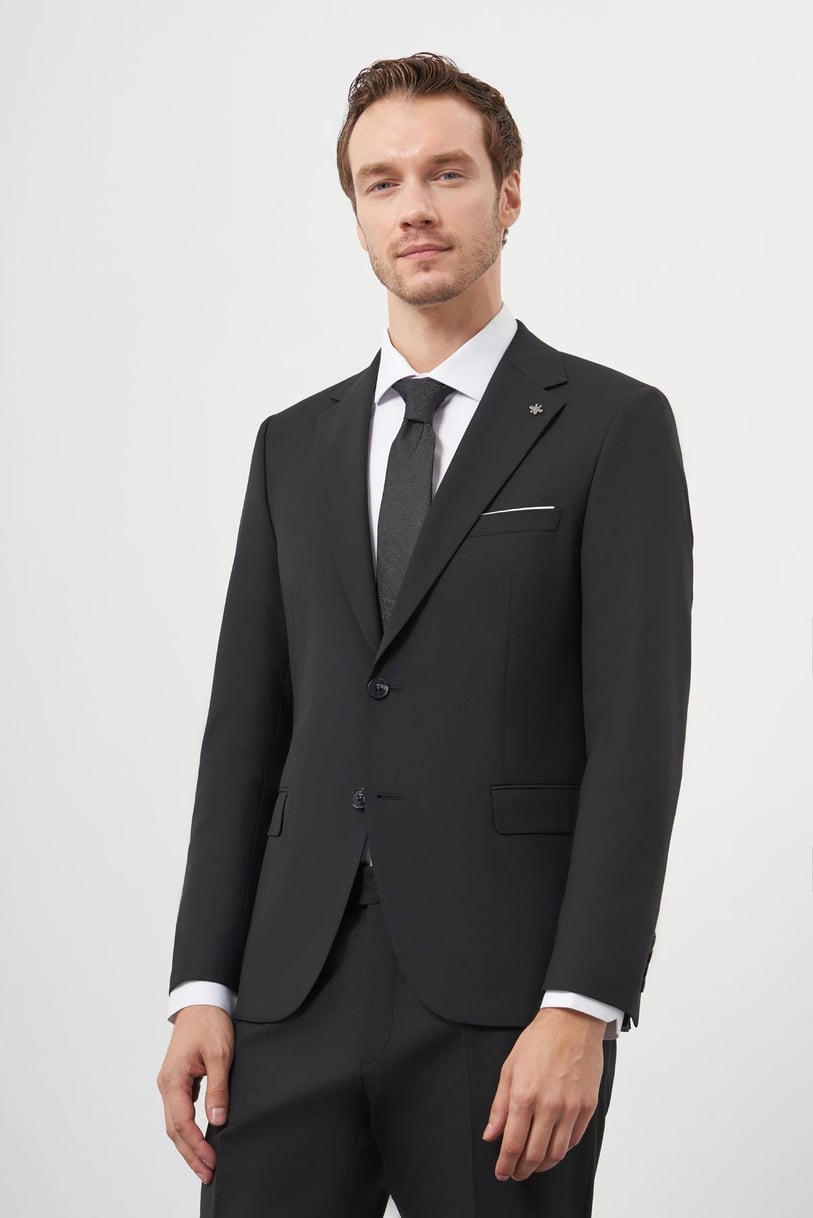 Morven Erkek Siyah Yünlü Slim Fit Mono Yaka Takım Elbise