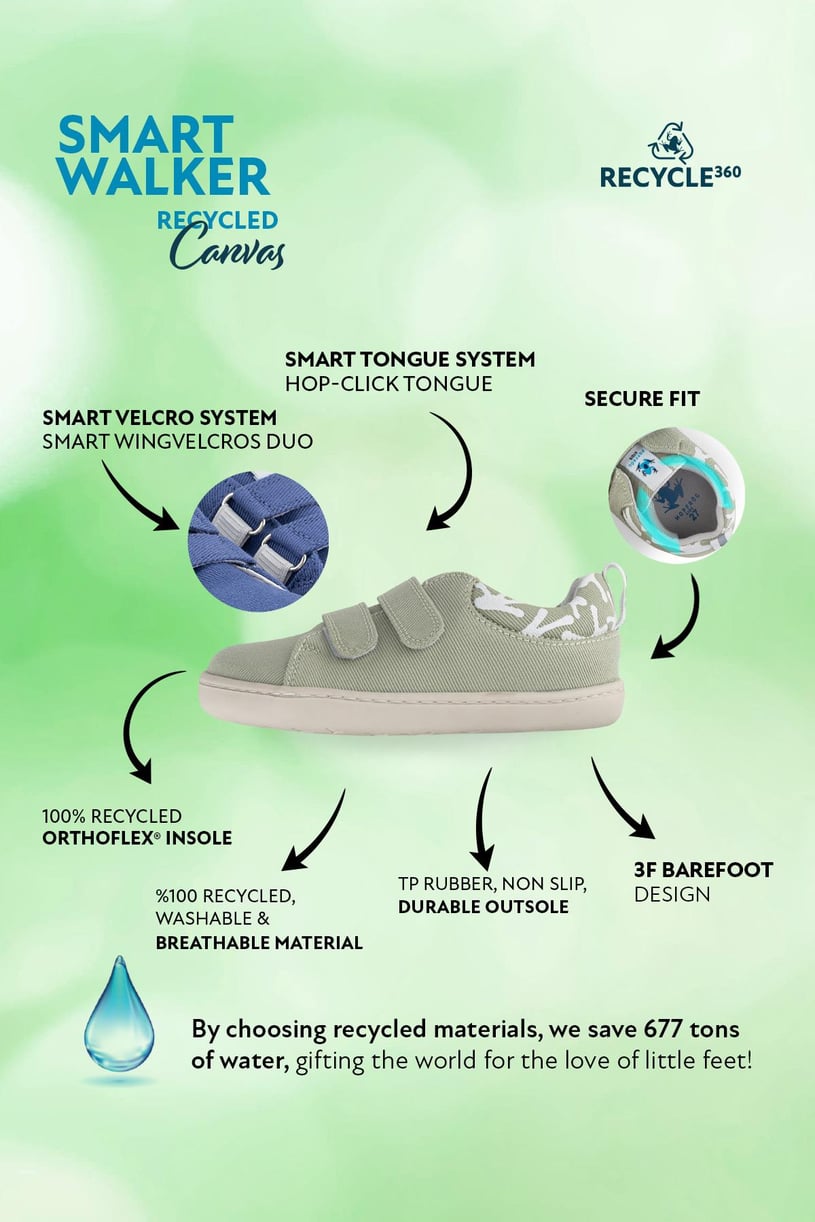 Smart Walker Recycled Canvas Eco Su Yeşili Barefoot Çocuk Ayakkabı