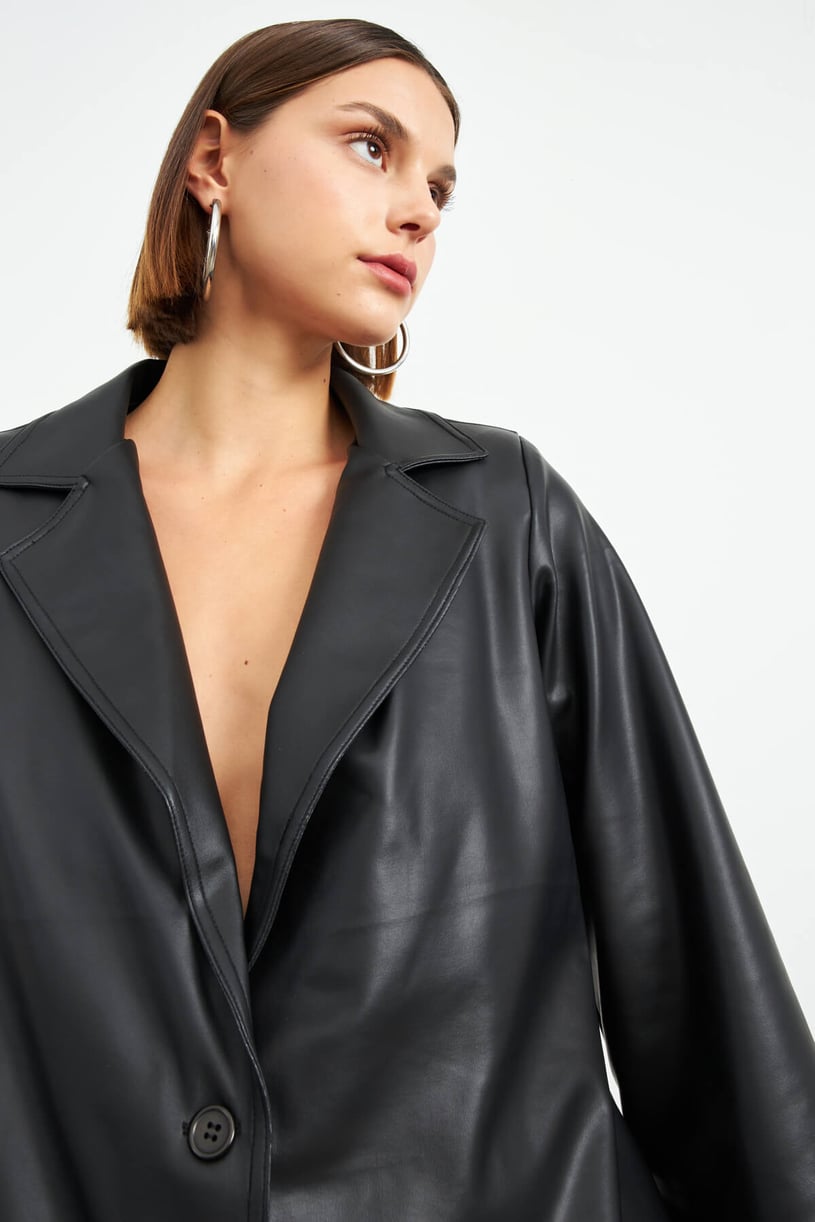 Siyah Suni Deri Astarlı Klasik Blazer Ceket