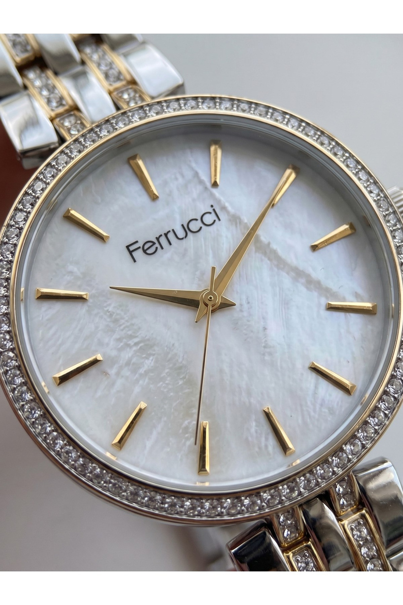 35 mm Kadın Kol Saati Çift Renk Taşlı Kadran Gold Gümüş Kordon