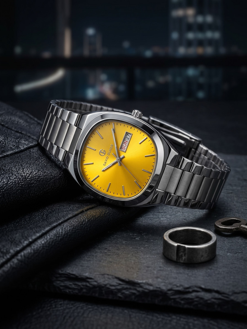 David Guner San Diego 42 mm Erkek Kol Saati Sarı Kadran Çelik Kordon Gün-Tarihli