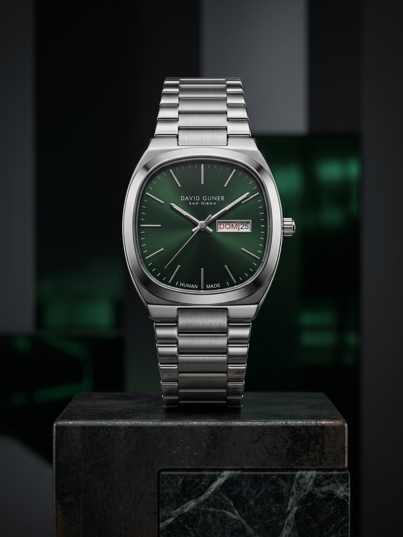 David Guner San Diego 42 mm Erkek Kol Saati Yeşil Kadran Çelik Kordon Almanca Gün Göstergeli