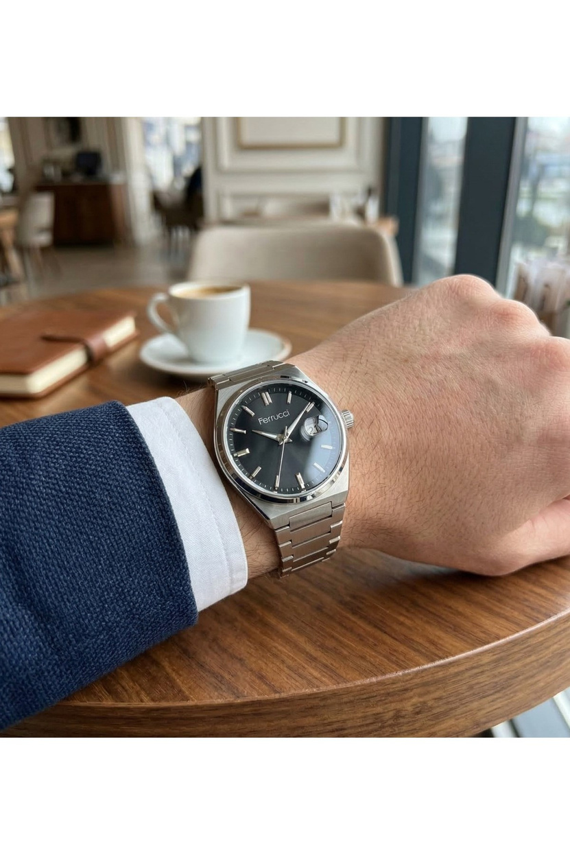 Erkek Kol Saati 42 mm Çelik Kordon Siyah Kadran Takvimli Quartz Klasik Erkek Saat