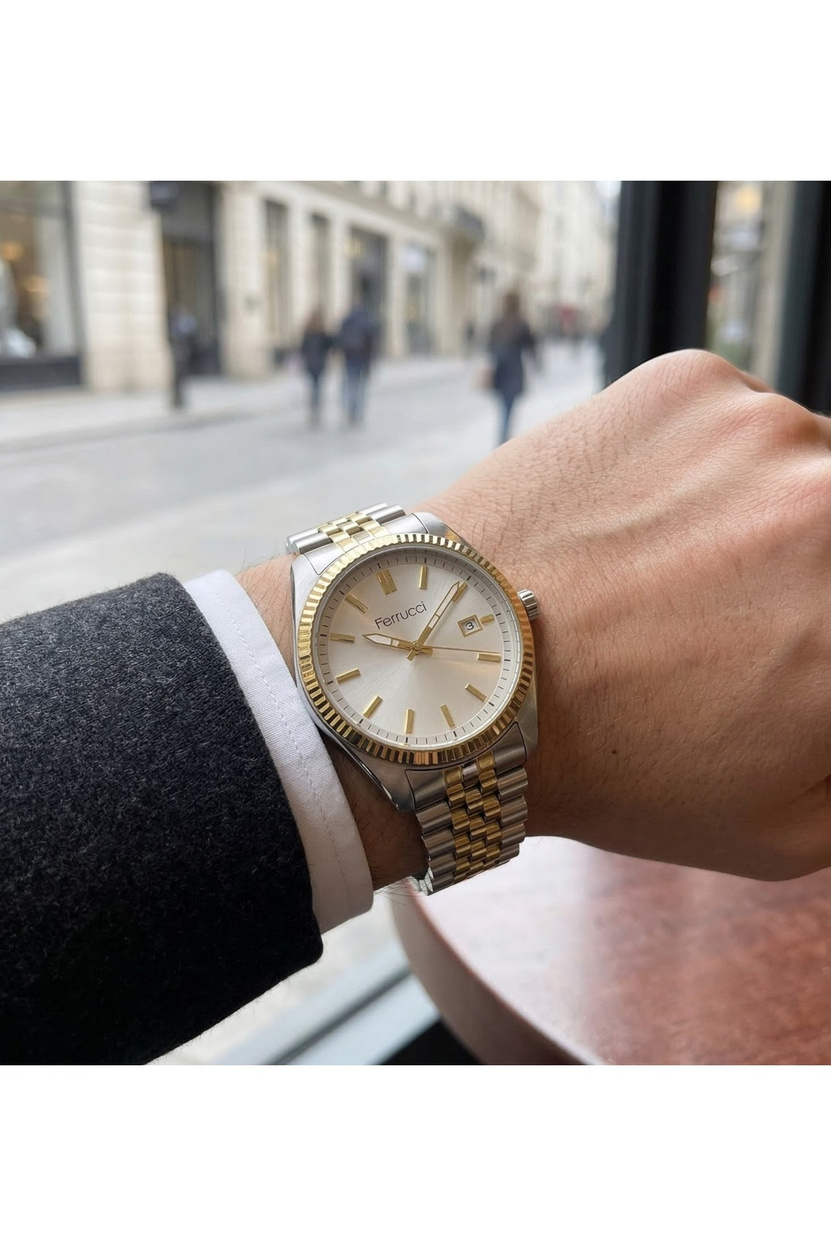 Erkek Kol Saati 42 mm Takvimli Çift Renk Çelik Kordon Klasik Quartz Saat