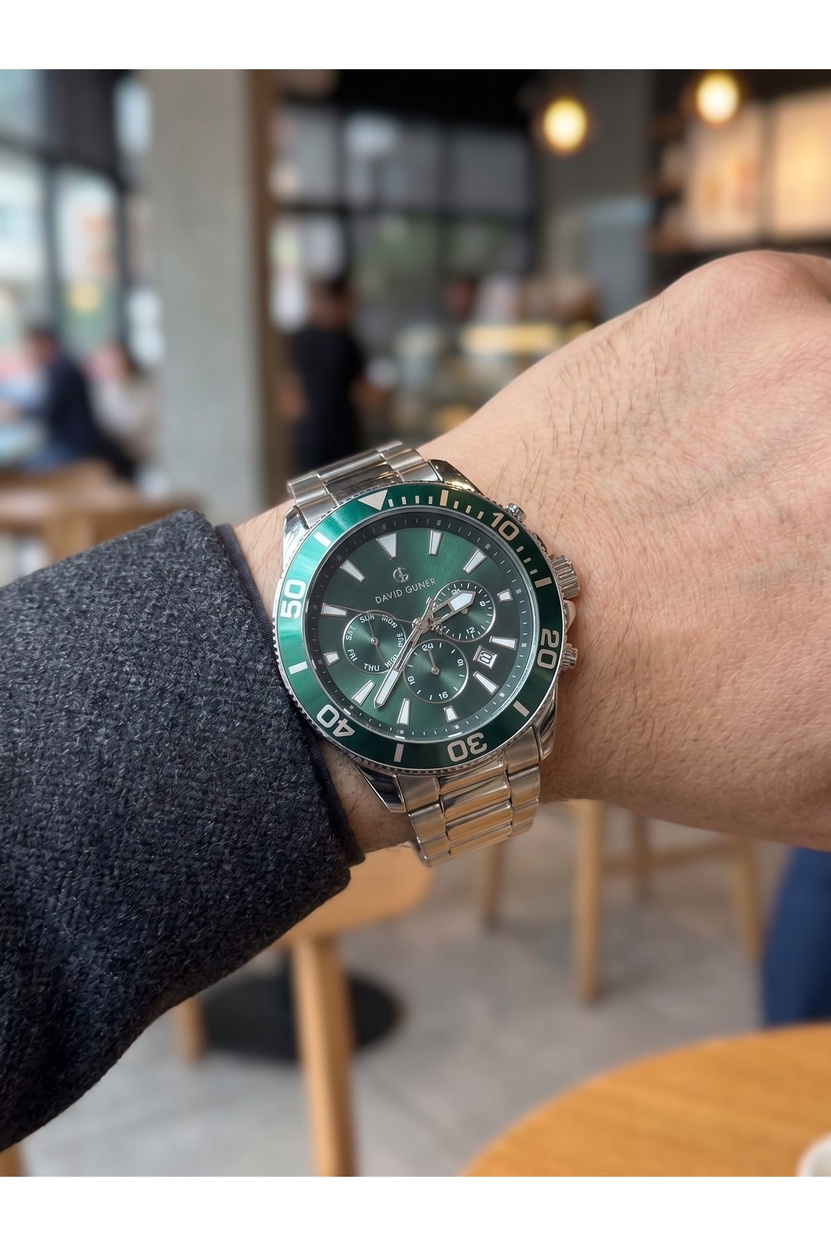 Erkek Kol Saati 43 mm Yeşil Kadran Gümüş Renk Çelik Kordon