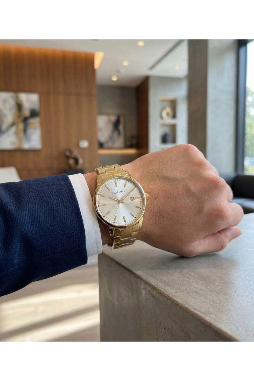 Erkek Kol Saati 44 mm Çelik Kordon Gold Silver Kadran Quartz Mineral Cam 3 ATM