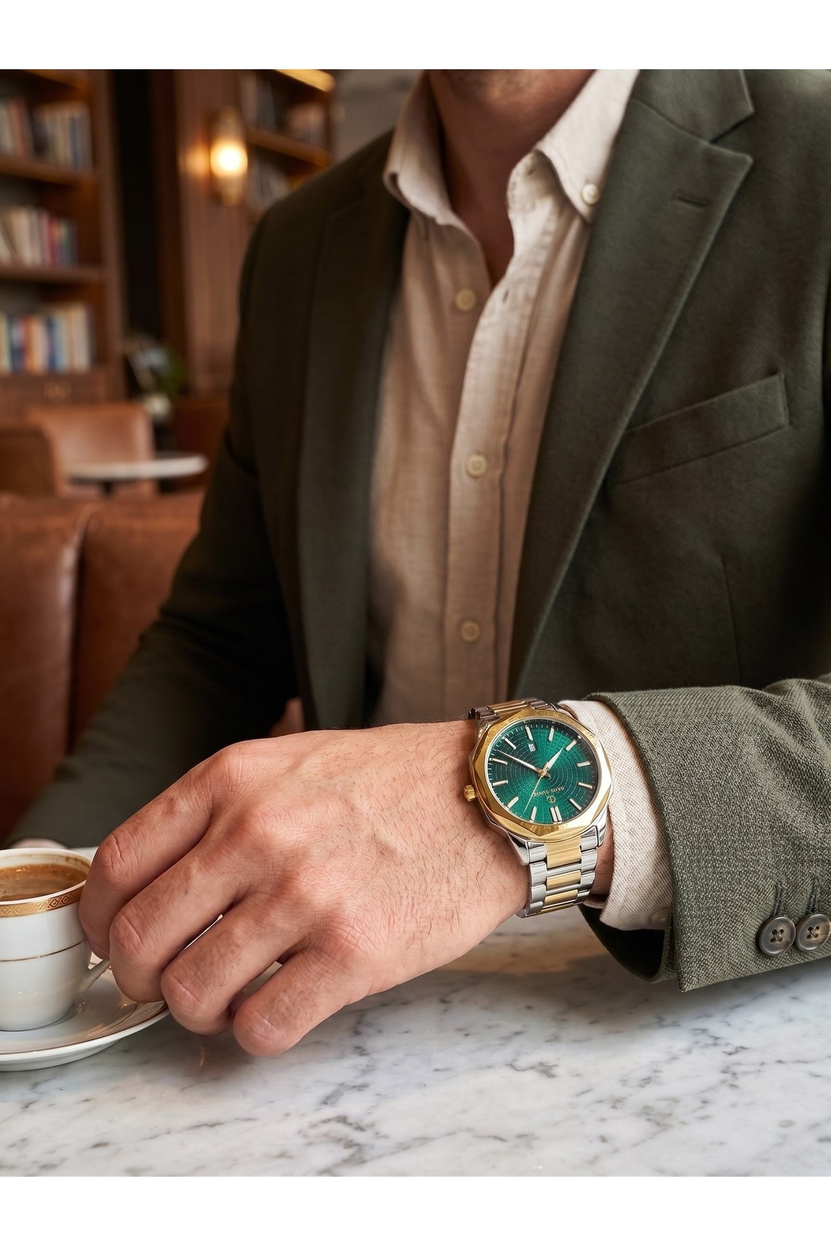 Erkek Kol Saati 44 mm Yeşil Kadran Çift Renk Çelik Kordon