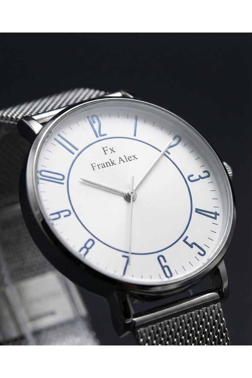 Erkek Kol Saati Beyaz Kadran Mavi Rakamlı Çelik Hasır Kordon Quartz Saat 41-45 mm