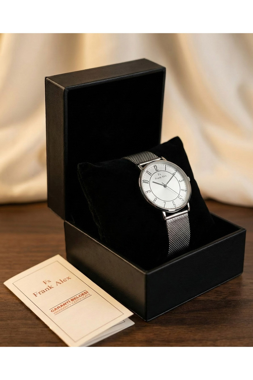 Erkek Kol Saati Beyaz Kadran Mavi Rakamlı Çelik Hasır Kordon Quartz Saat 41-45 mm
