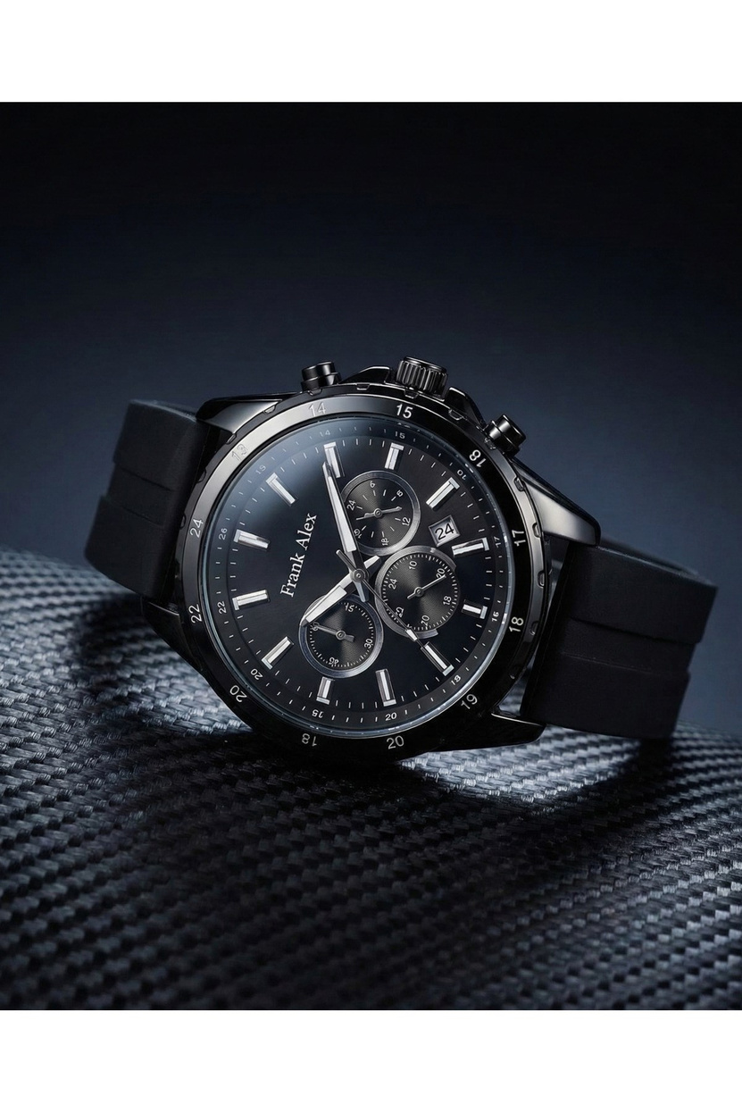 Erkek Kol Saati Siyah Kasa Silikon Kordon Kronograf Görünümlü Quartz Mineral Cam 43 mm