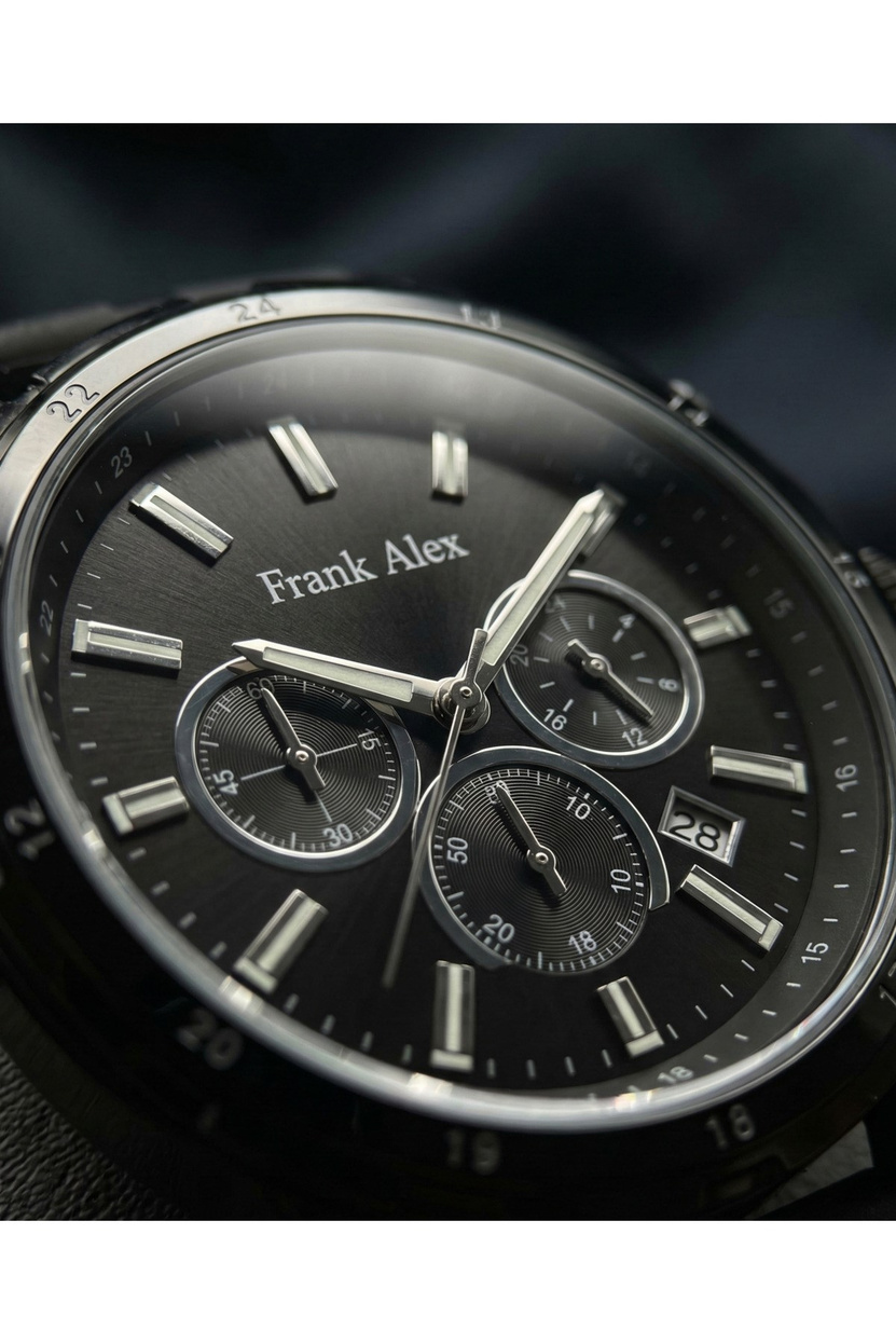 Erkek Kol Saati Siyah Kasa Silikon Kordon Kronograf Görünümlü Quartz Mineral Cam 43 mm