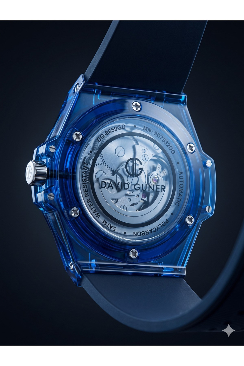 Erkek Saat 42 mm Otomatik Mekanizma Lacivert Şeffaf Kasa Silikon Kordon Spor Kol Saati