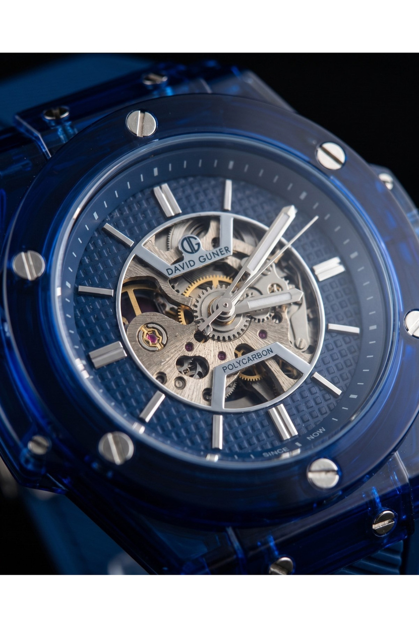 Erkek Saat 42 mm Otomatik Mekanizma Lacivert Şeffaf Kasa Silikon Kordon Spor Kol Saati