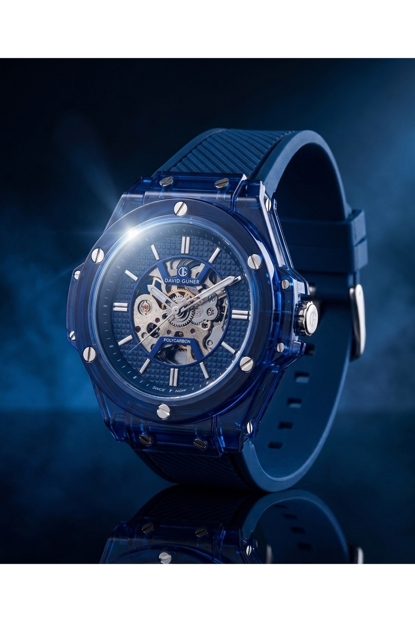 Erkek Saat 42 mm Otomatik Mekanizma Lacivert Şeffaf Kasa Silikon Kordon Spor Kol Saati