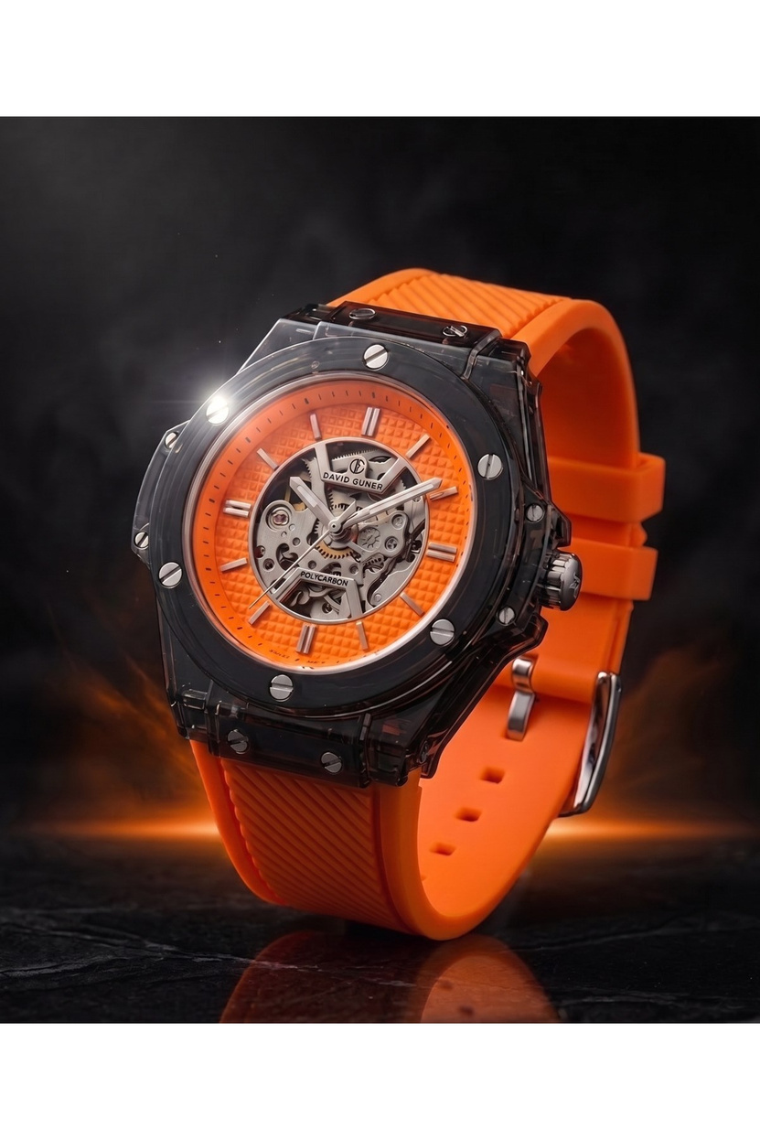 Erkek Saat 42 mm Otomatik Mekanizma Turuncu Kadran Şeffaf Kasa Silikon Kordon Spor Kol Saati