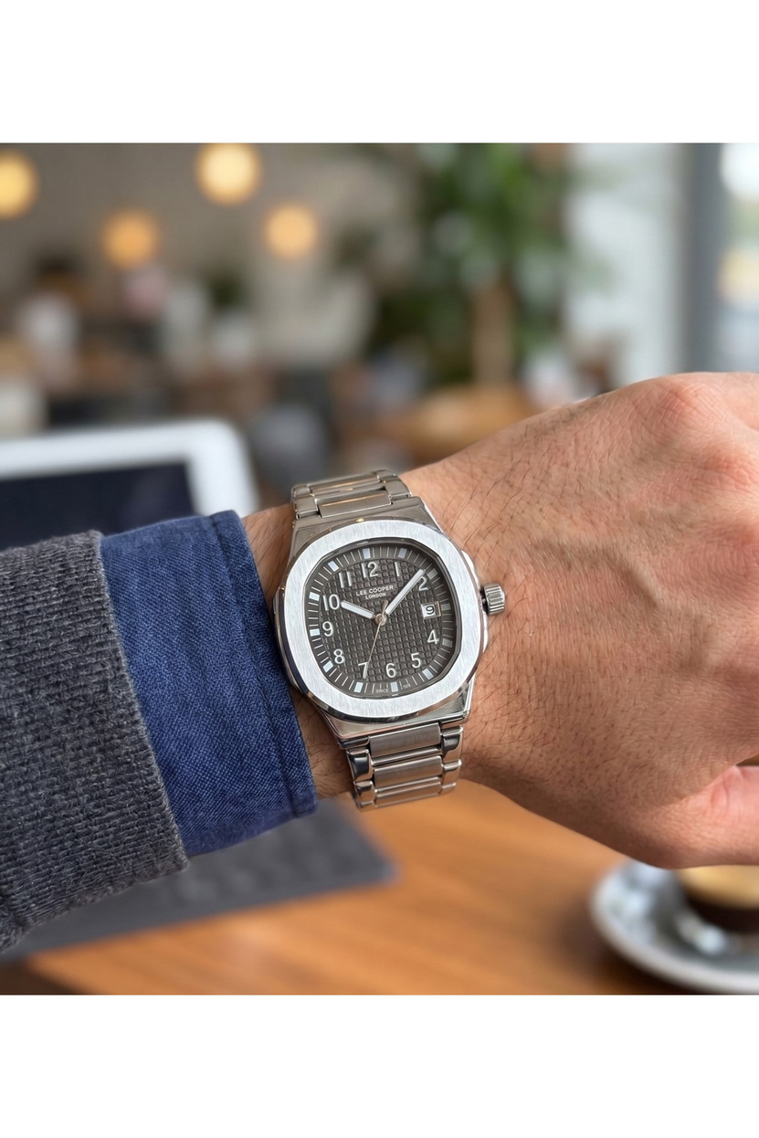 Erkek Saat 43mm Büyük Kasa Çelik Kordon Takvimli Köşeli Antrasit Kadran