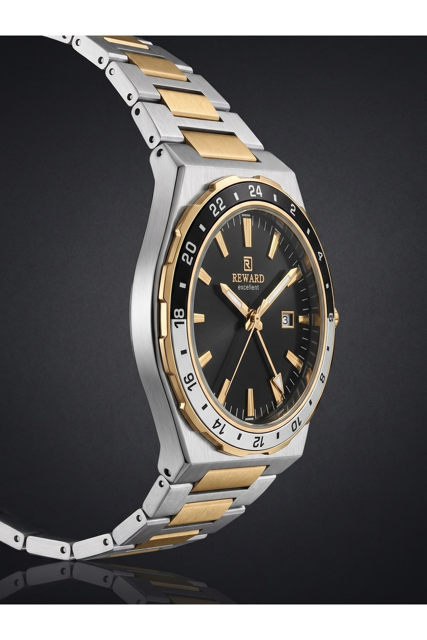 Excellent 42 mm Erkek Kol Saati Siyah Kadran Çift Renk Çelik Kordonlu