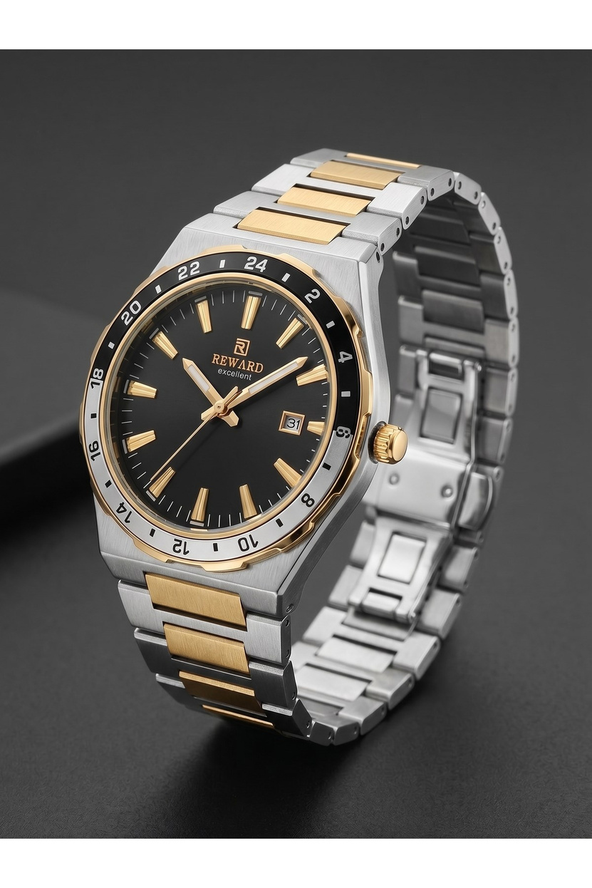 Excellent 42 mm Erkek Kol Saati Siyah Kadran Çift Renk Çelik Kordonlu