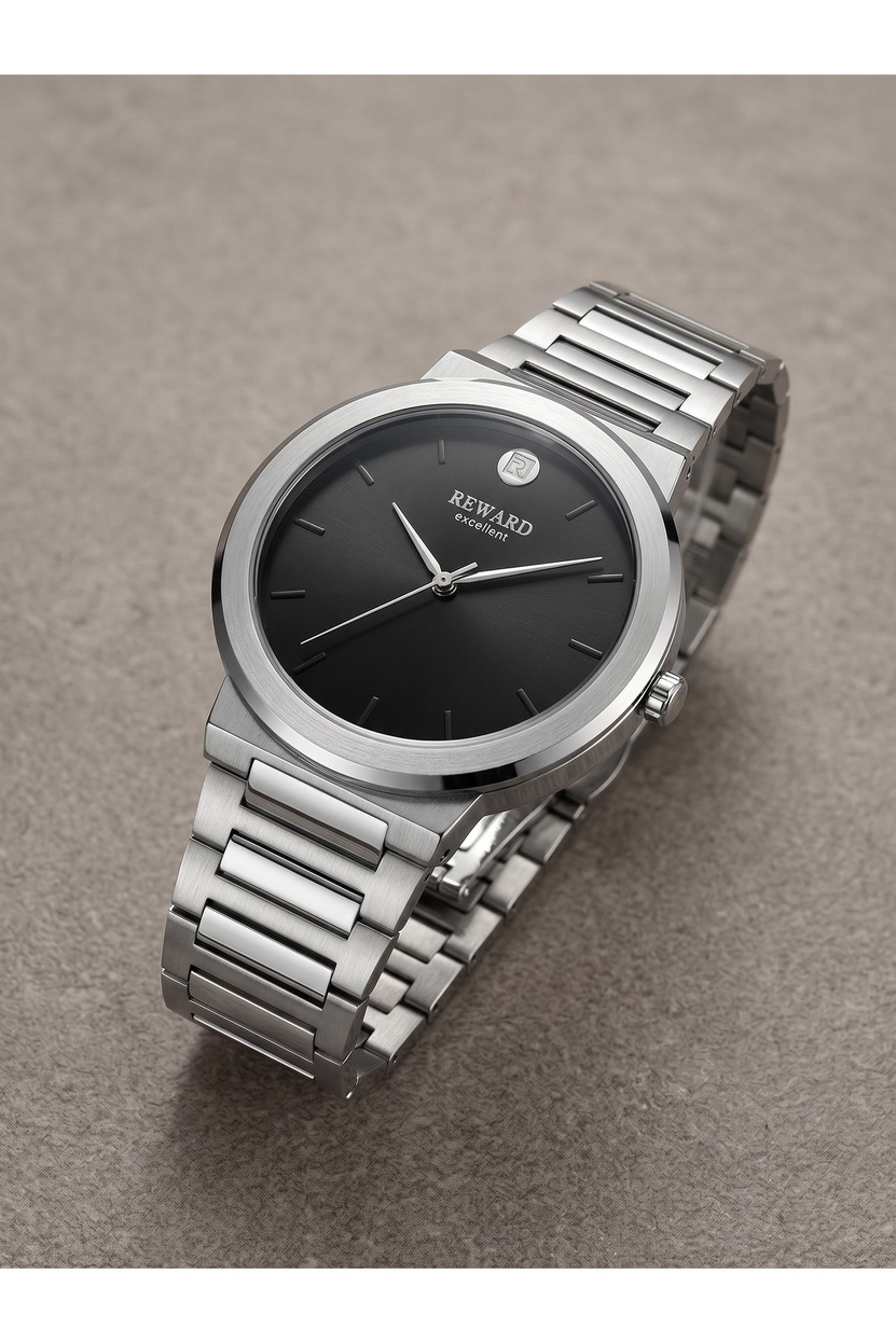 Excellent Erkek Kol Saati 41 mm Siyah Kadran Gümüş Çelik Kordon İnce Kasa 5 ATM