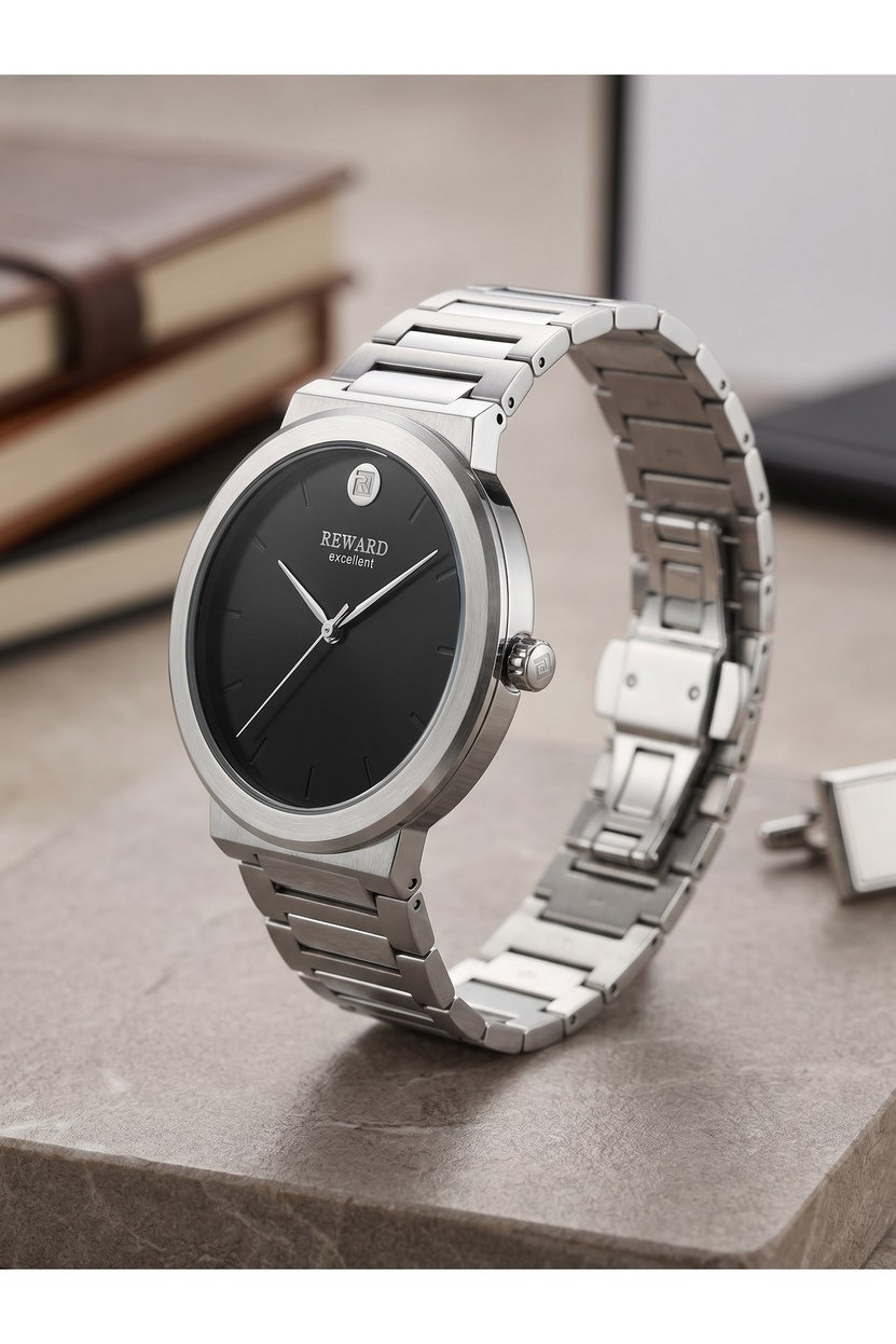Excellent Erkek Kol Saati 41 mm Siyah Kadran Gümüş Çelik Kordon İnce Kasa 5 ATM