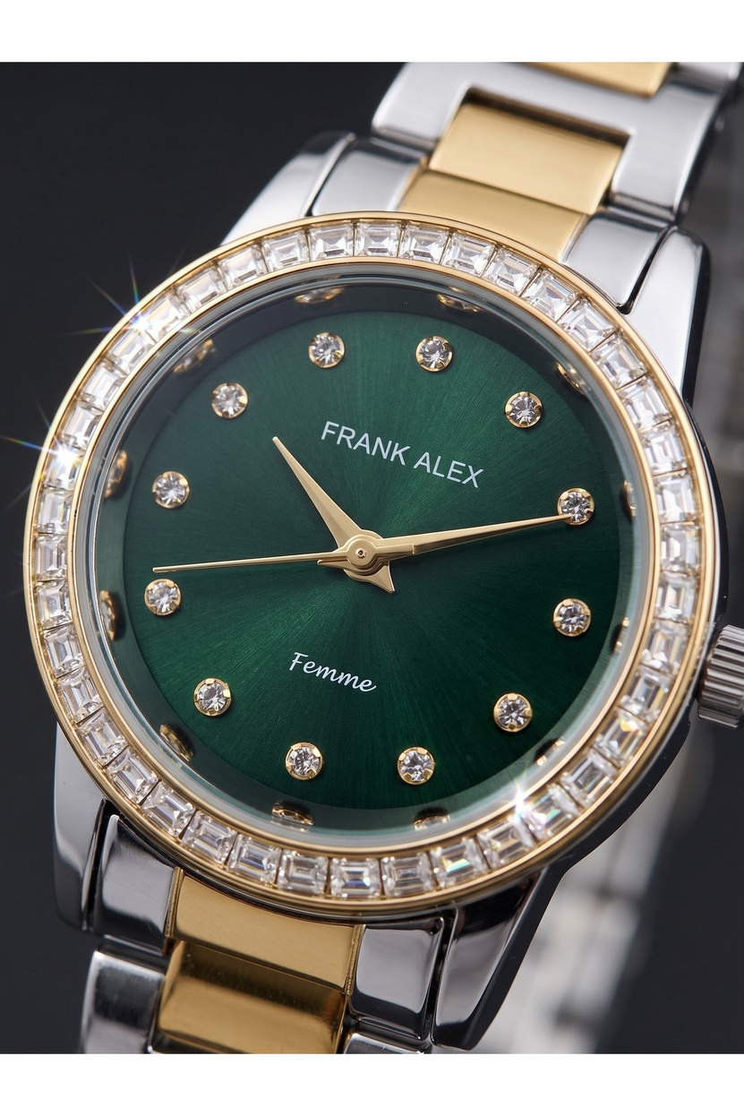 Femme 24 mm Mini Küçük Kasa Çift Renk Metal Kordon Yeşil Taşlı Kadın Saati