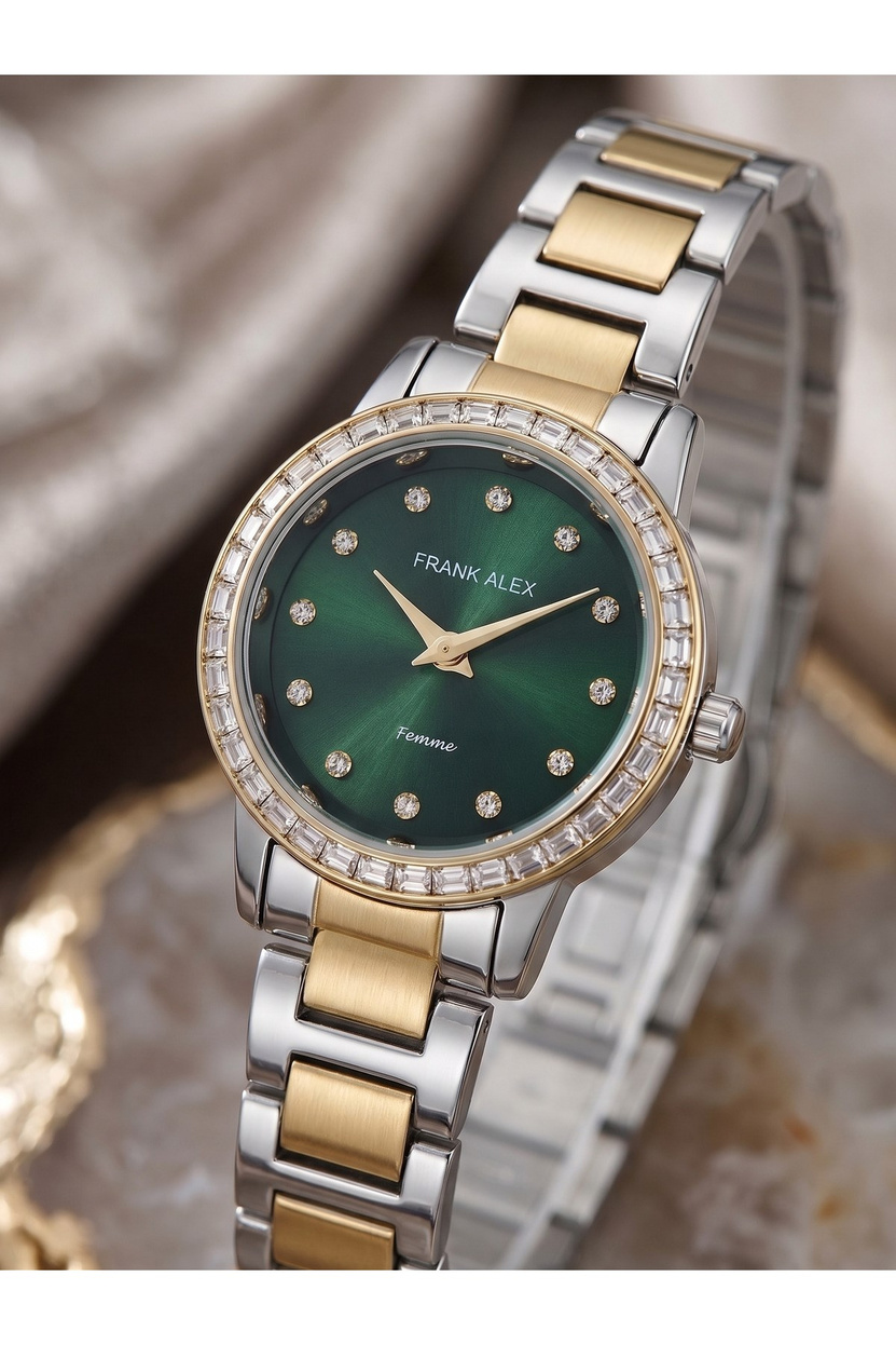 Femme 24 mm Mini Küçük Kasa Çift Renk Metal Kordon Yeşil Taşlı Kadın Saati