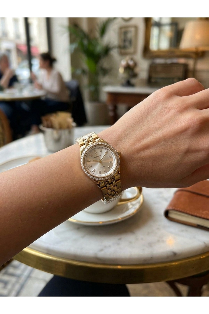 Femme 27 mm Gold Renk Taşlı Bezel Gümüş Kadran Küçük Kasa Kadın Saati