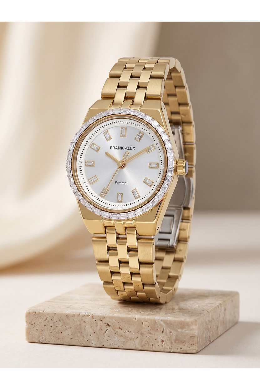 Femme 27 mm Gold Renk Taşlı Bezel Gümüş Kadran Küçük Kasa Kadın Saati