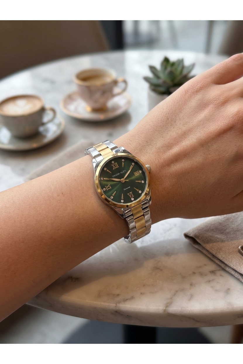 Femme 28 mm Çift Renk Yeşil Kadran Taş Detaylı Gizli Kilit Kadın Saati