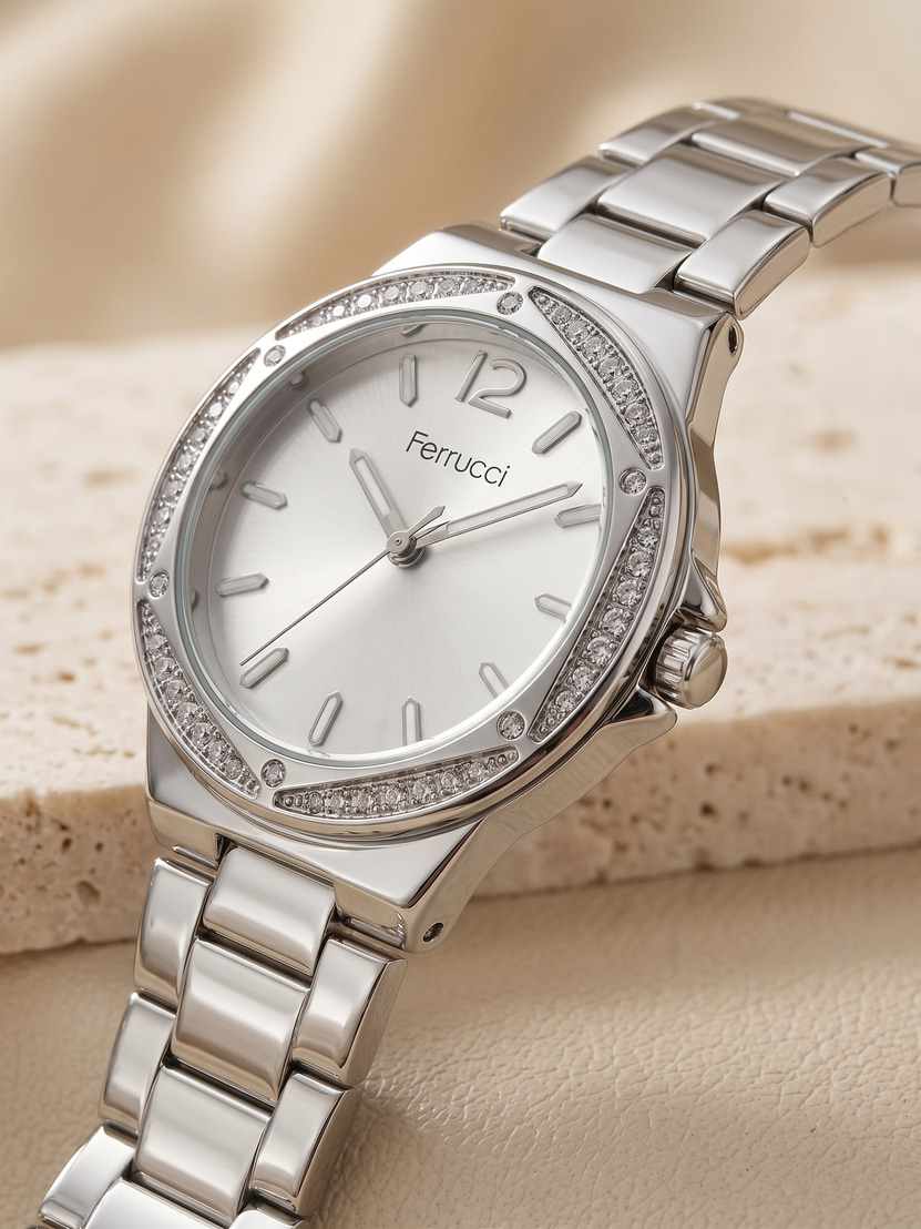 Ferrucci 36 mm Kadın Kol Saati Gümüş Çelik Kordon Taşlı Bezel