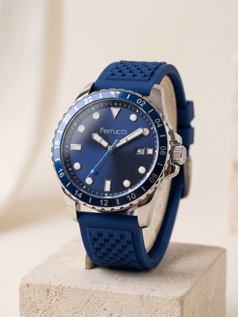 Ferrucci 43 mm Lacivert Kadran Mavi Silikon Kordon Erkek Kol Saati