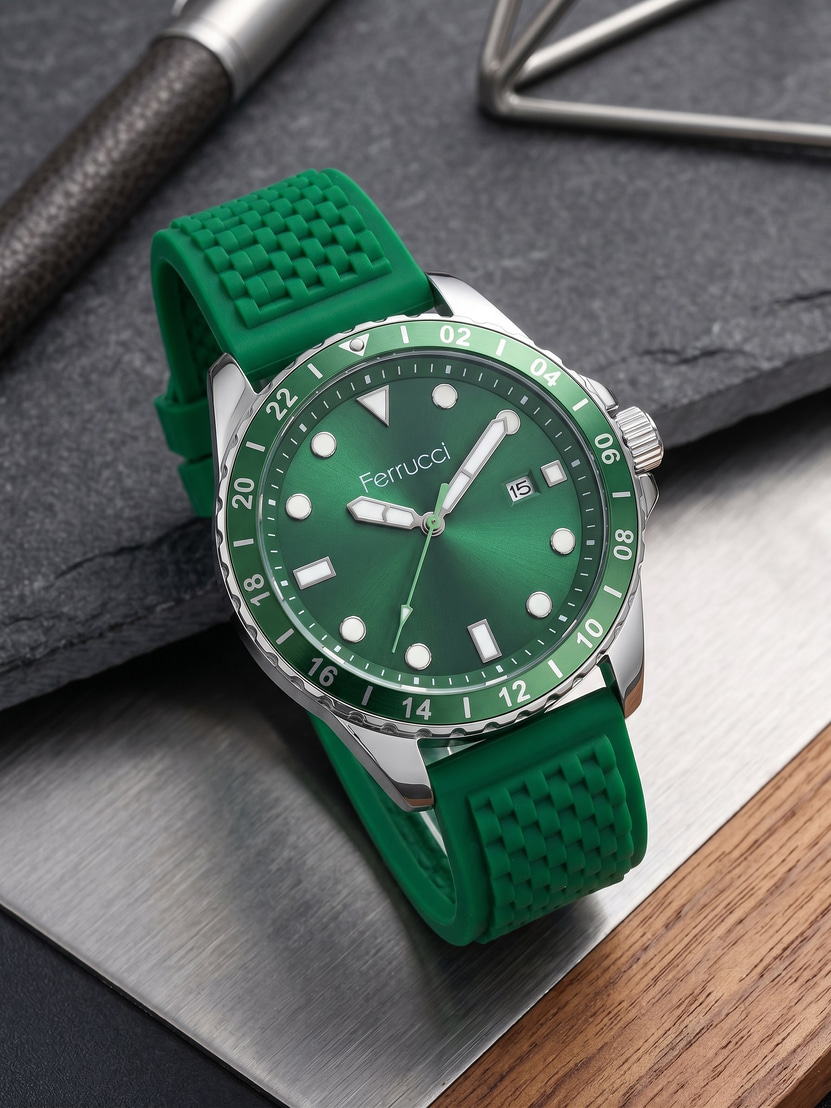 Ferrucci 43 mm Yeşil Kadran Yeşil Silikon Kordon Erkek Kol Saati