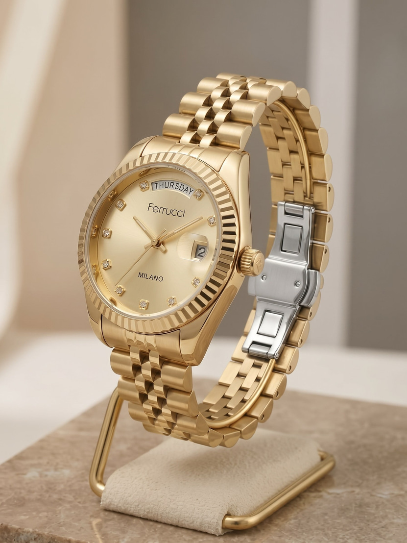 Ferrucci Milano Kadın Kol Saati 30 mm Altın Renk Çelik Kordon Taşlı Kadran Gün-Tarih
