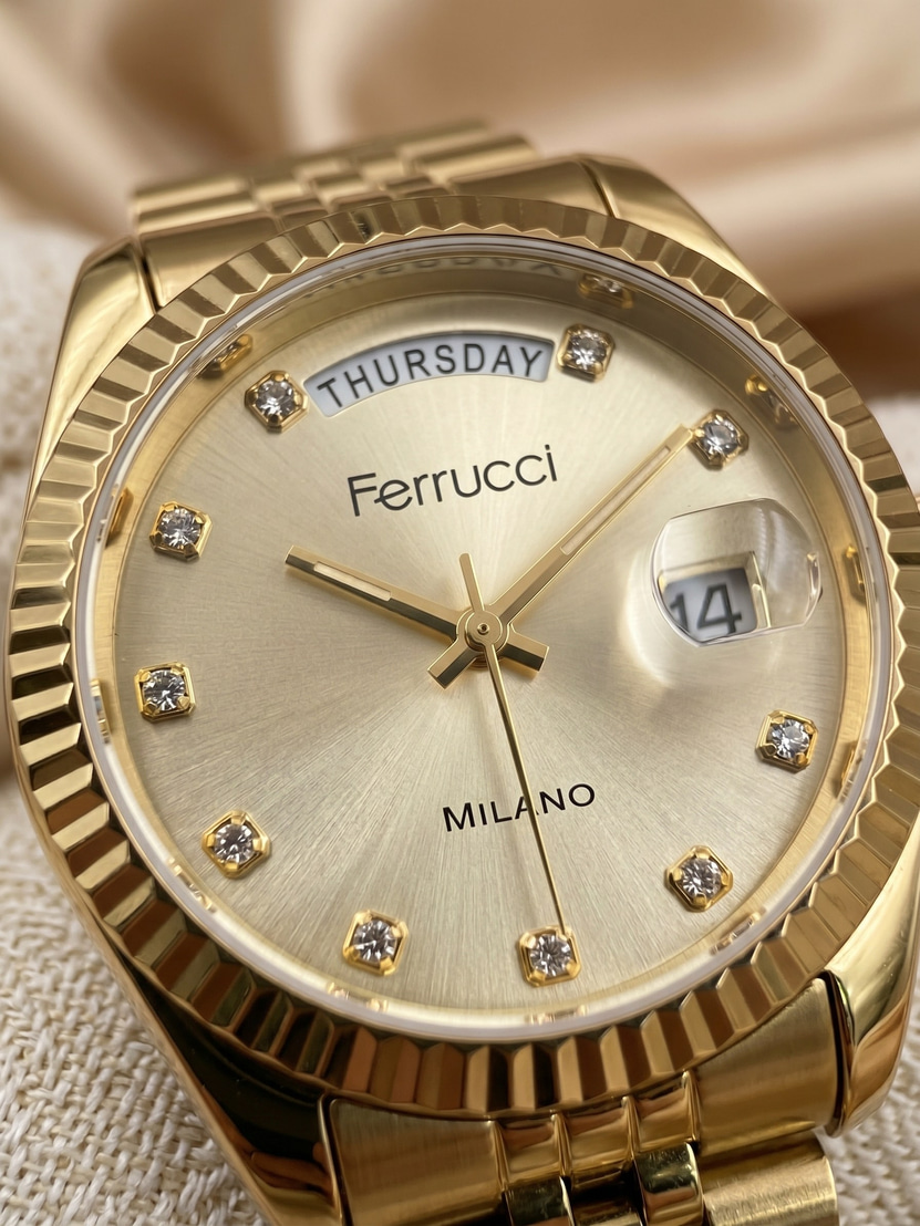 Ferrucci Milano Kadın Kol Saati 30 mm Altın Renk Çelik Kordon Taşlı Kadran Gün-Tarih