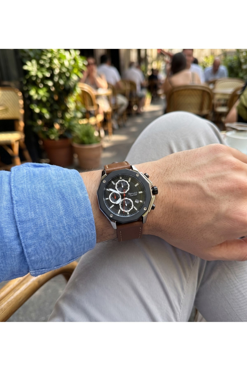 Function 43 mm Erkek Kol Saati Mat Siyah Kasa Deri Kordon Çok Fonksiyonlu Siyah Kadran Quartz Saat