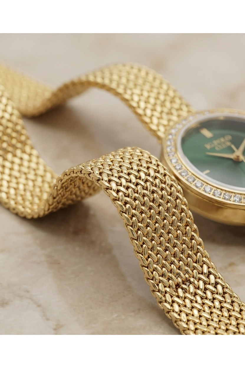 JG Polo Club 26mm Yeşil Kadranlı Gold Renkli Kadın Kol Saati Taşlı Çelik Kordon 5 ATM