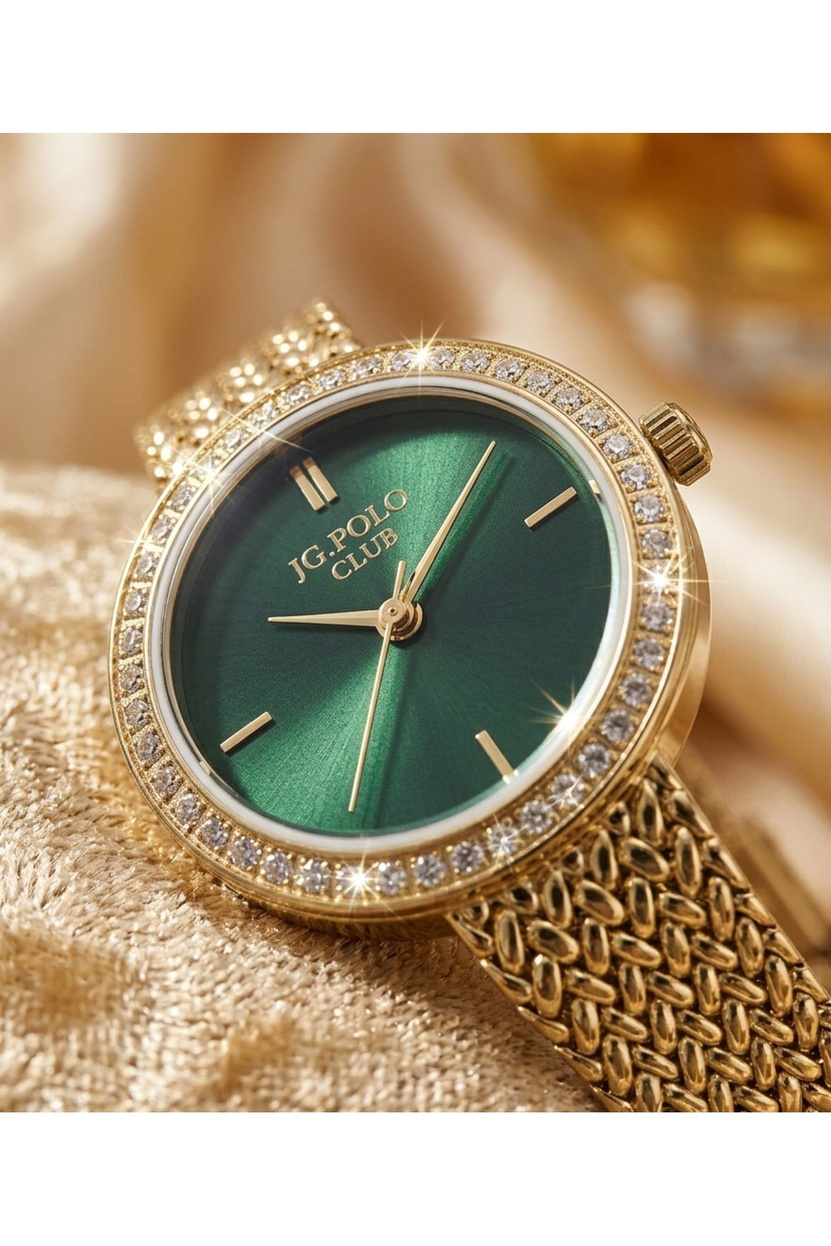 JG Polo Club 26mm Yeşil Kadranlı Gold Renkli Kadın Kol Saati Taşlı Çelik Kordon 5 ATM