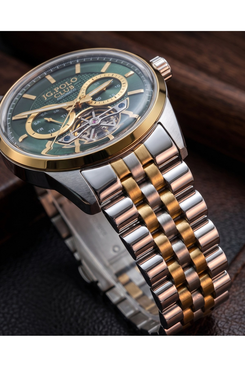 JG Polo Club 39 mm Otomatik Erkek Kol Saati Yeşil Kadran Bombeli Cam Mekanizma Görünümlü Çift Renk Çelik Kordon 5 ATM