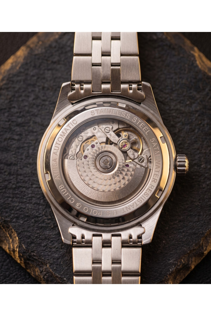 JG Polo Club 39 mm Otomatik Erkek Kol Saati Yeşil Kadran Bombeli Cam Mekanizma Görünümlü Çift Renk Çelik Kordon 5 ATM