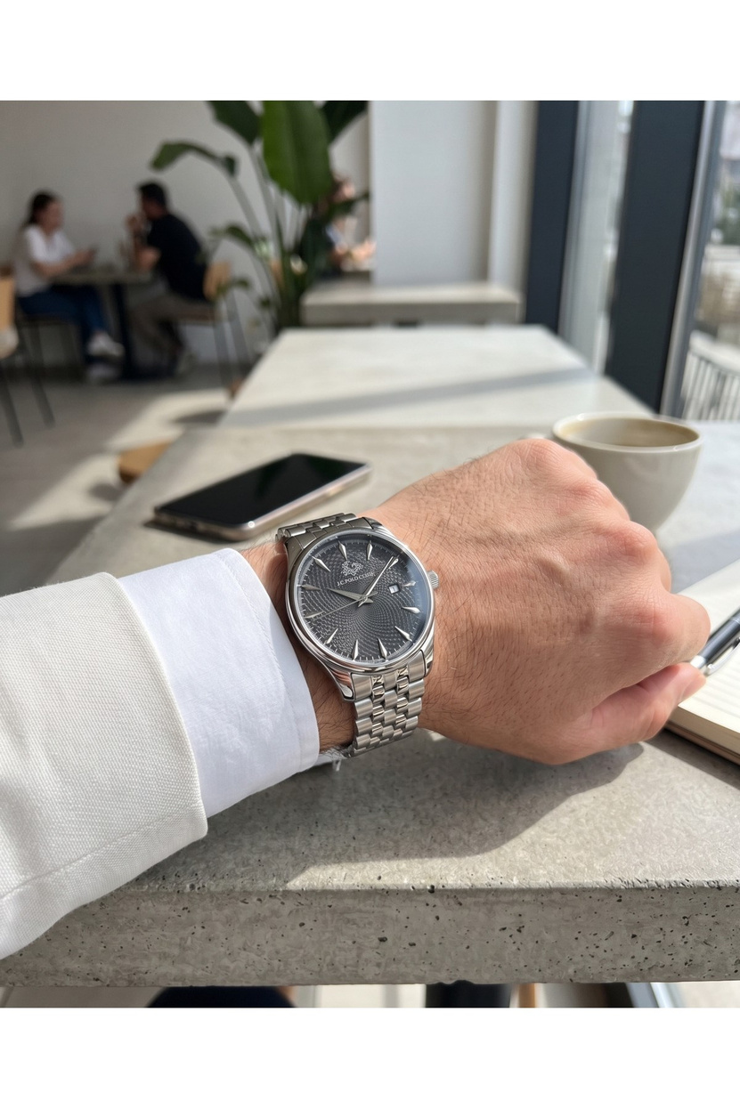 JG Polo Club 42mm Siyah Kadranlı Erkek Kol Saati Çelik Kordon Klasik Damat Saati 5 ATM