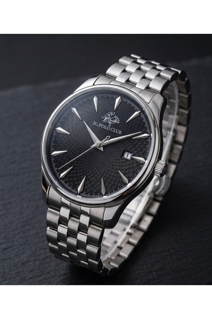 JG Polo Club 42mm Siyah Kadranlı Erkek Kol Saati Çelik Kordon Klasik Damat Saati 5 ATM