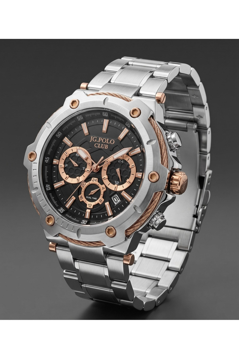 JG Polo Club 44mm Siyah Kadranlı Rose Gold Detaylı Erkek Kol Saati 5 ATM Çelik Kordon