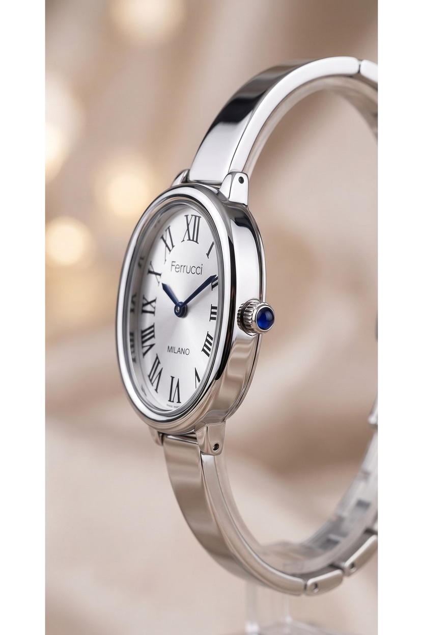 Kadın Kol Saati 28 mm Gümüş Rengi Mavi Detaylı Oval Kasa Kelepçe Kordon