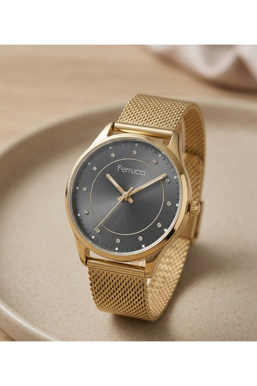 Kadın Kol Saati 34 mm Gold Hasır Kordon Gri Kadran Taşlı Şık Saat
