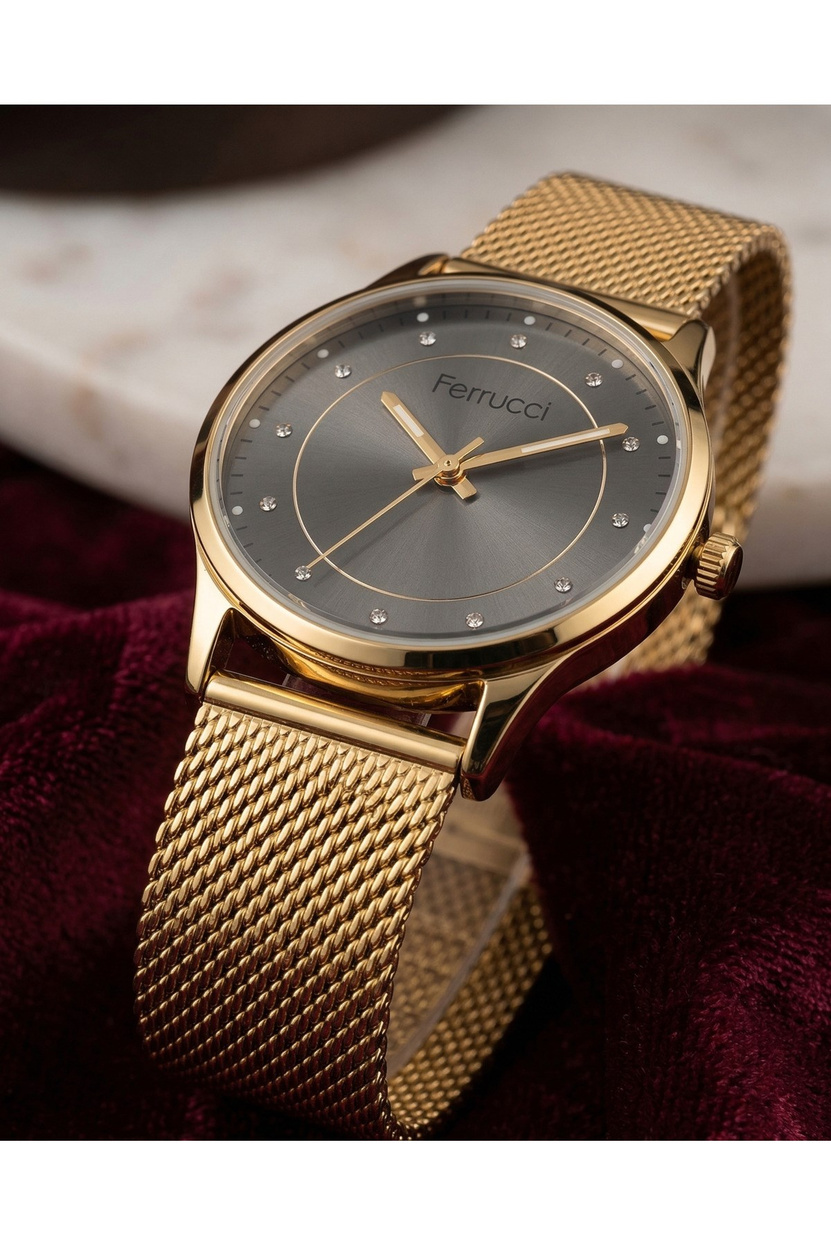 Kadın Kol Saati 34 mm Gold Hasır Kordon Gri Kadran Taşlı Şık Saat