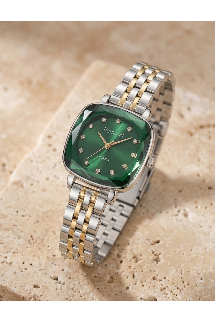 Kadın Kol Saati Çift Renk Çelik Kordon Yeşil Kadran Quartz Mineral Cam 3 ATM 28 mm