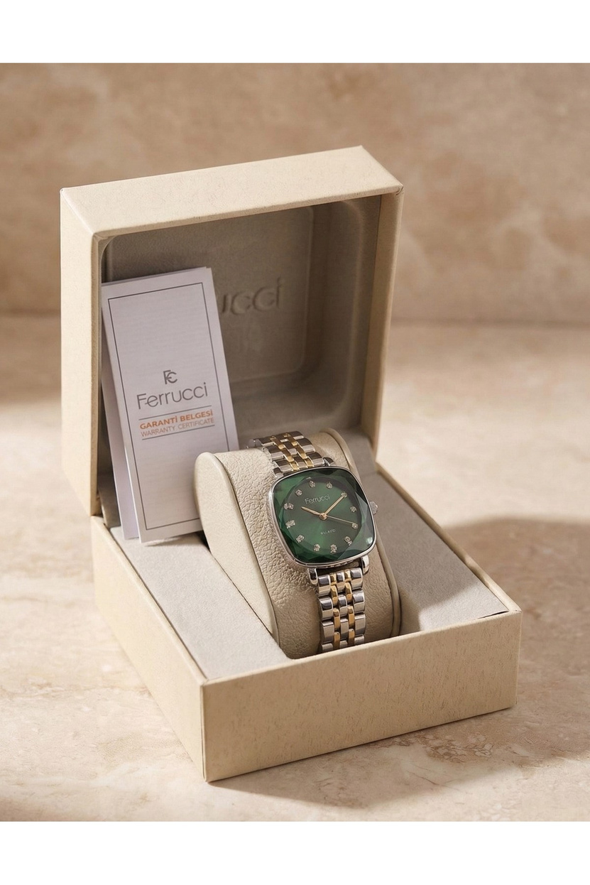 Kadın Kol Saati Çift Renk Çelik Kordon Yeşil Kadran Quartz Mineral Cam 3 ATM 28 mm