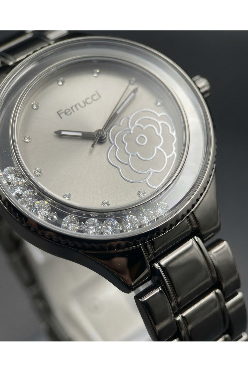 Kadın Kol Saati Hareketli Taşlı Çiçek Detaylı Antrasit Çelik Saat 38 mm