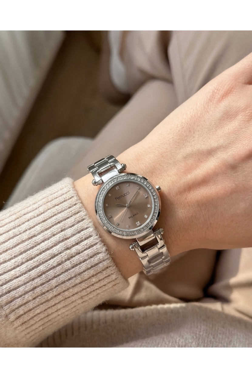 Kadın Kol Saati Kahverengi Sunray Kadran Taş Detaylı Çelik Bileklik Zarif Saat 32 mm